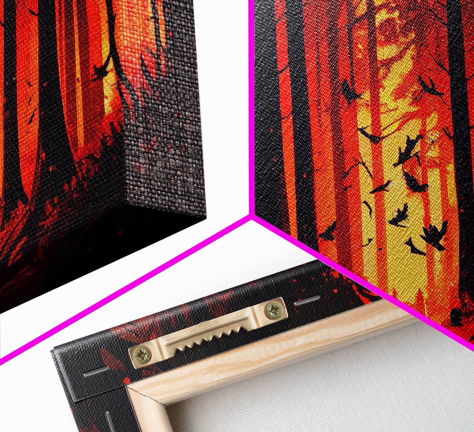 Forest Landscape Art, Forest Fire, Fall / Autumn Decor, Panoramic Wall Art, Framed Canvas Print, Orange and Yellow Fantasy Forest - 10x30 Inches / Gallery Wrap Canvas - Ready To Hang