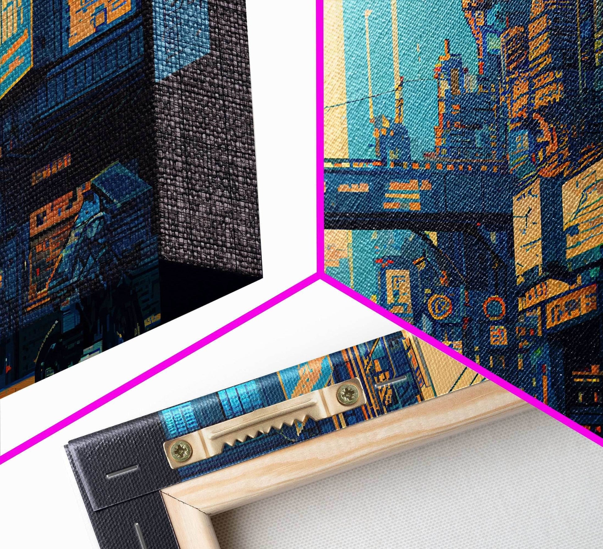 8 bit pixel art cyber punk city, video game concept art, framed canvas print, game room art - 8x12 Inches / Gallery Wrap Canvas - Ready To Hang
