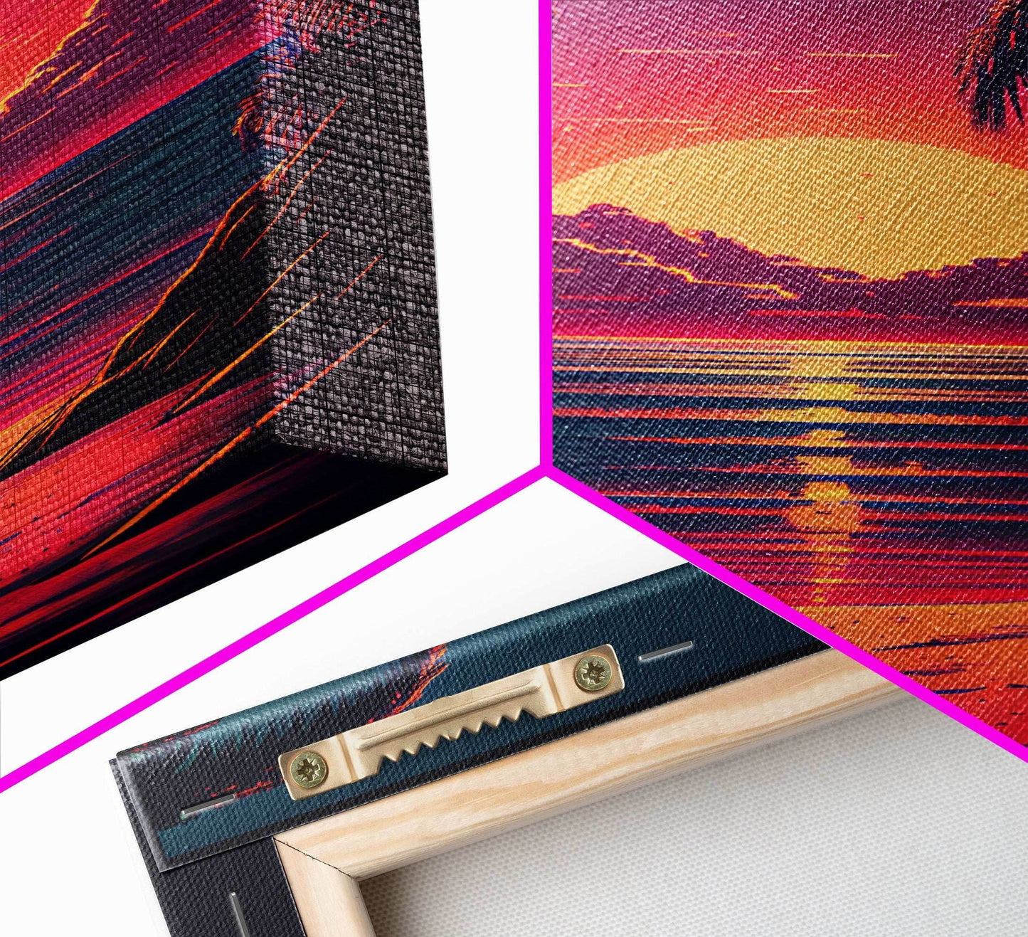 8 bit pixel art sunset, synthwave style palm tree beach, framed canvas print, framed wall art painting - 8x12 Inches / Gallery Wrap Canvas - Ready To Hang