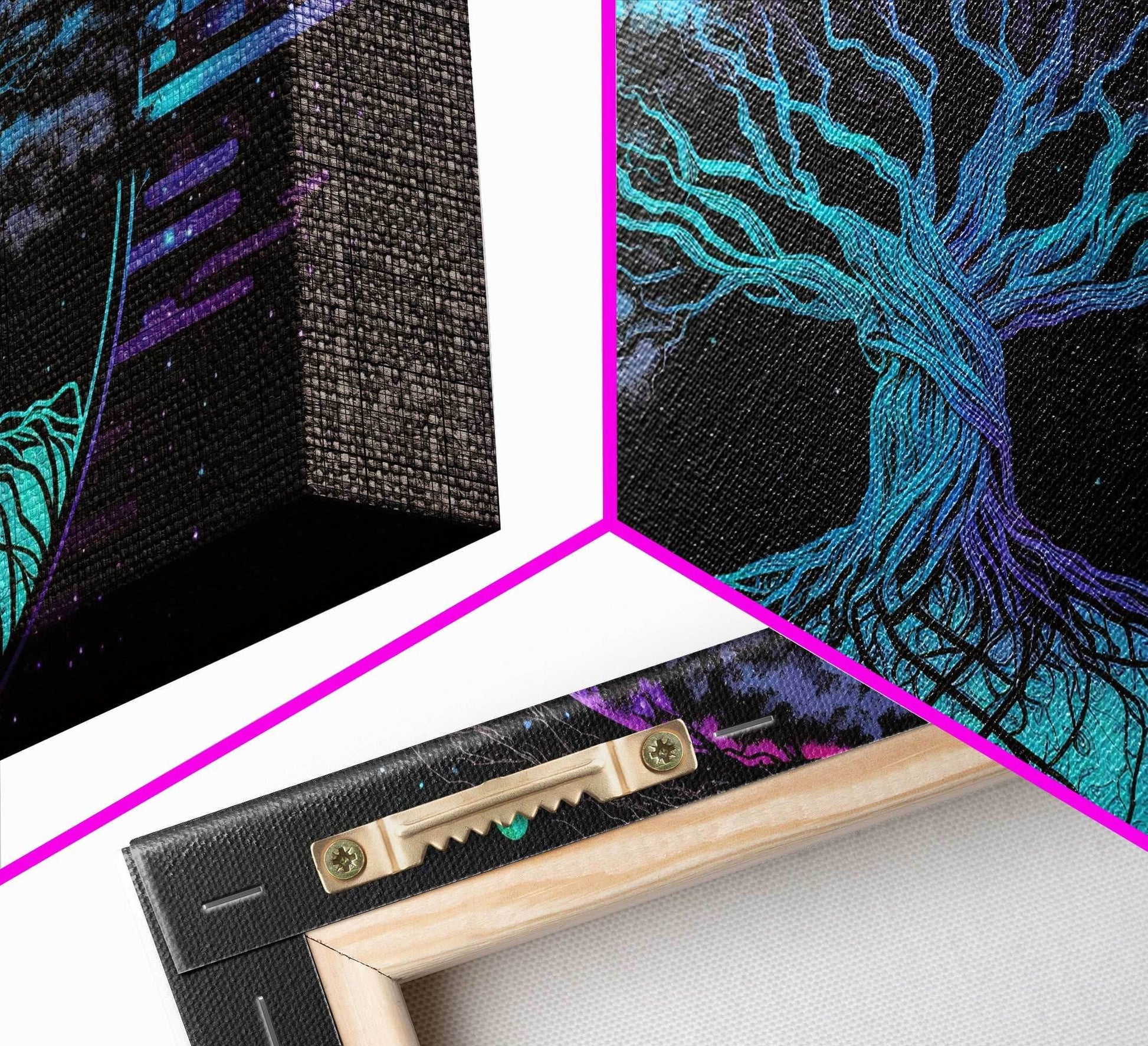 Norse Mythology Art, Synthwave Style Yggdrasil Tree of Life and the 9 Realms, Fantasy Art, Framed Canvas Print, Game Room Nordic Art - 10x20 Inches / Gallery Wrap Canvas - Ready To Hang