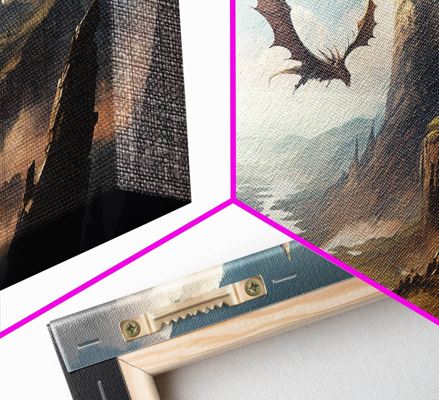 Dragons in Flight Over a Valley, Fantasy Art, Framed Canvas Print, Medieval Fantasy Art, Fire breathing dragons - 10x20 Inches / Gallery Wrap Canvas - Ready To Hang