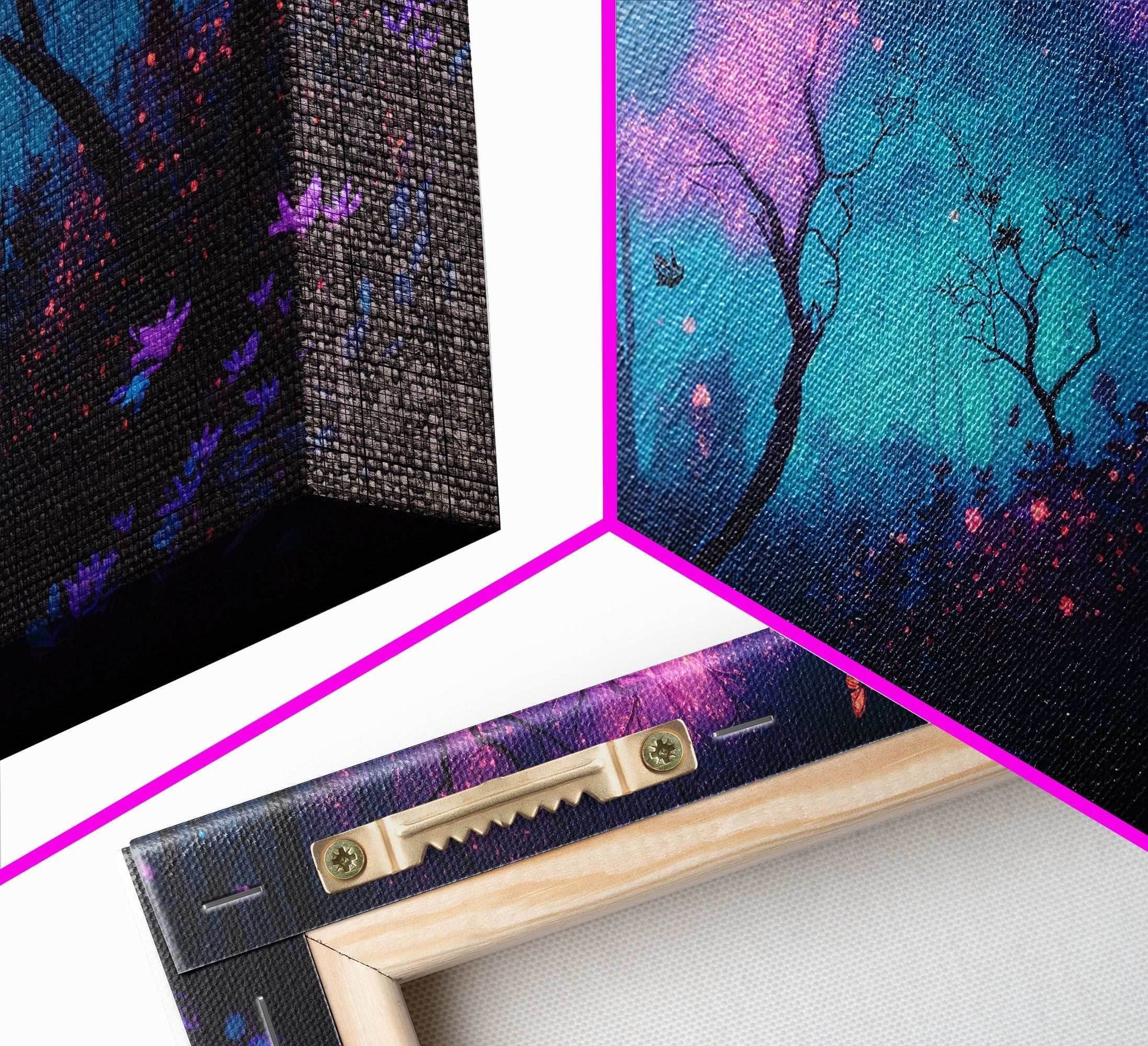 Beautiful Fantasy Forest, Framed Canvas Print, Fantasy Art, Butterflies and Fireflies Light up a Fairy Forest At Night, Framed Wall Art - 10x30 Inches / Gallery Wrap Canvas - Ready To Hang