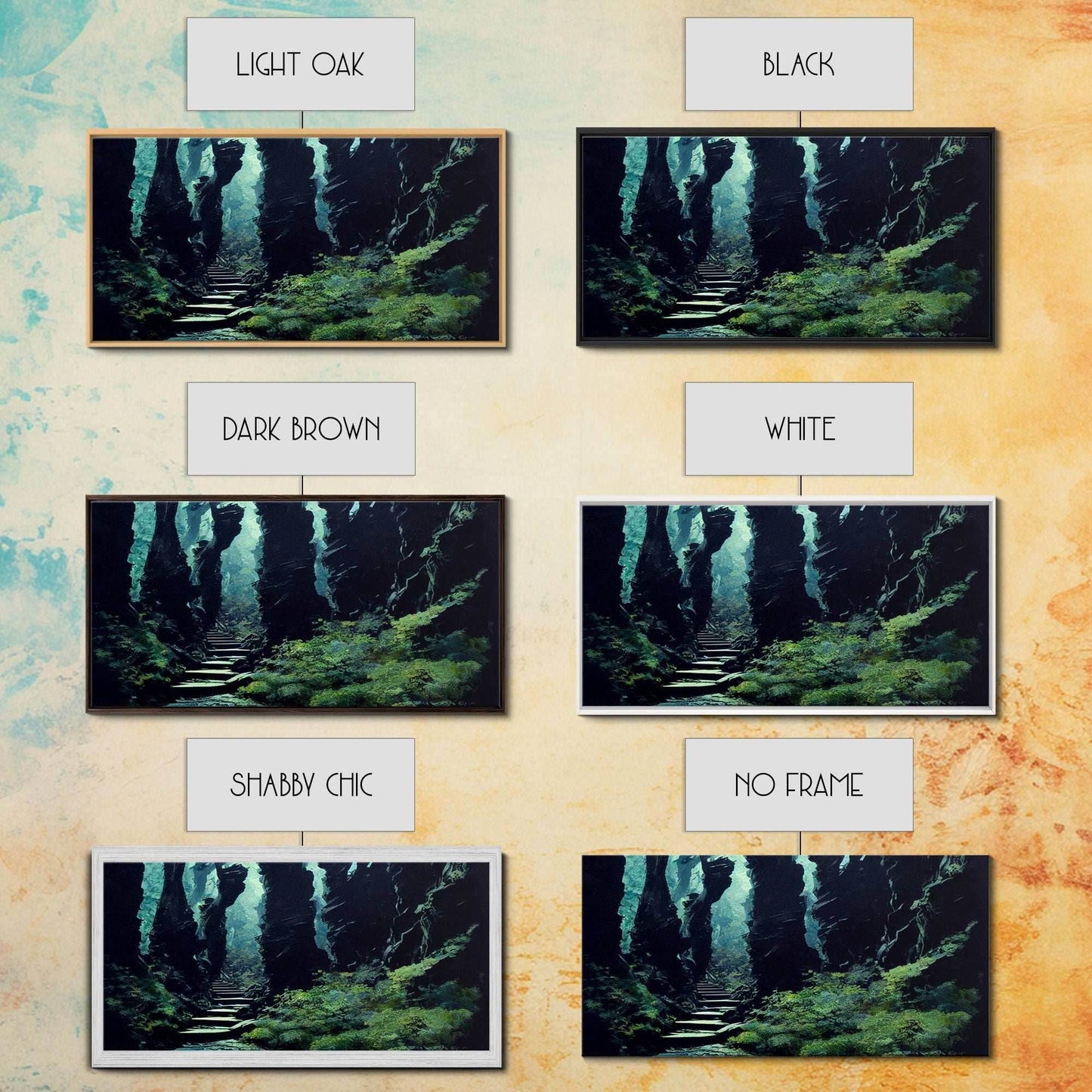 Fantasy Forest with Temple Steps, Wall Decor, Ready To Hang Framed Canvas Print, Oversize Wall Art - 10x20 Inches / Gallery Wrap Canvas - Ready To Hang