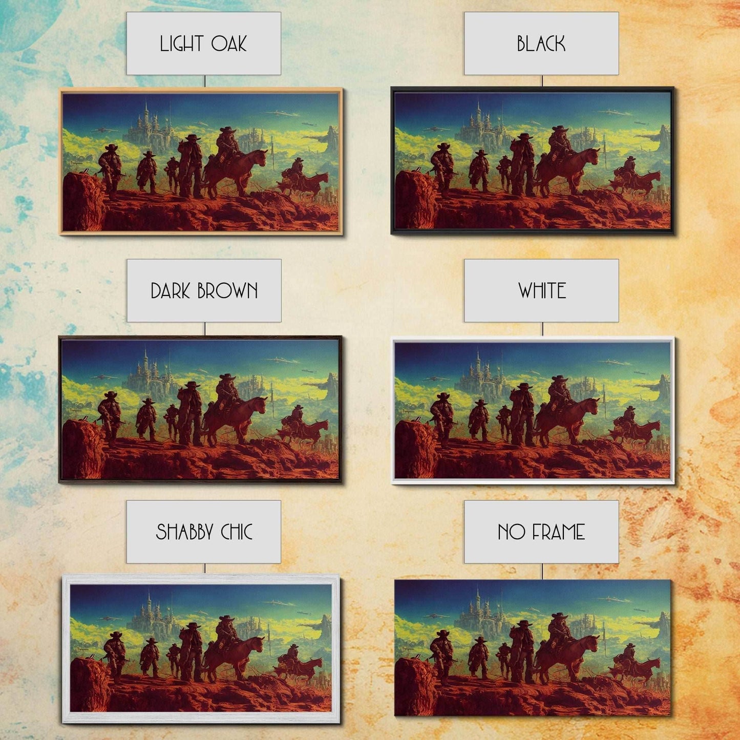 Space Cowboys, Wildwest Scifi Mashup Fantasy Art, framed canvas print, ready to hang framed wall art - 10x20 Inches / Gallery Wrap Canvas - Ready To Hang