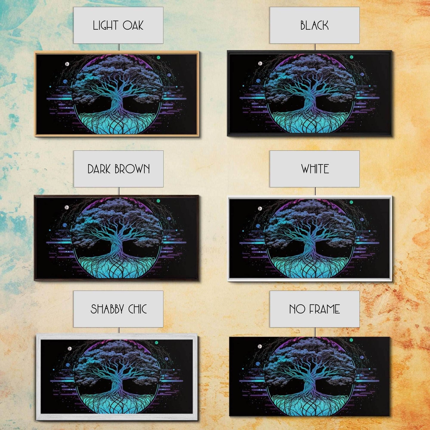 Norse Mythology Art, Synthwave Style Yggdrasil Tree of Life and the 9 Realms, Fantasy Art, Framed Canvas Print, Game Room Nordic Art - 10x20 Inches / Gallery Wrap Canvas - Ready To Hang