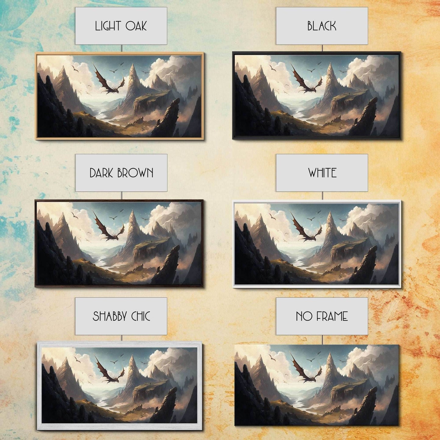 Dragons in Flight Over a Valley, Fantasy Art, Framed Canvas Print, Medieval Fantasy Art, Fire breathing dragons - 10x20 Inches / Gallery Wrap Canvas - Ready To Hang