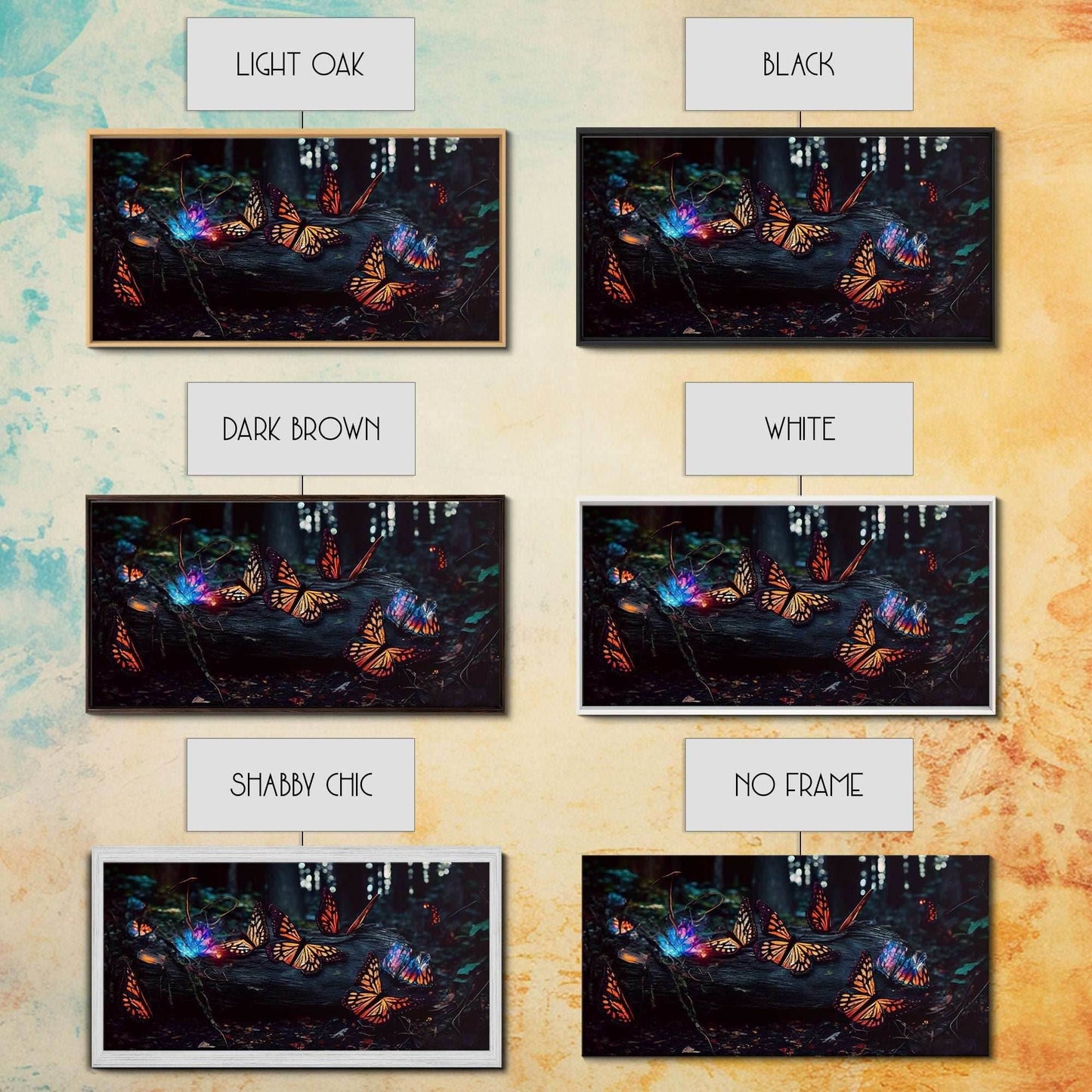 Glowing butterflies, fantasy forest wall art, framed canvas print, mother's day, mom gift, monarch butterflies - 10x20 Inches / Gallery Wrap Canvas - Ready To Hang