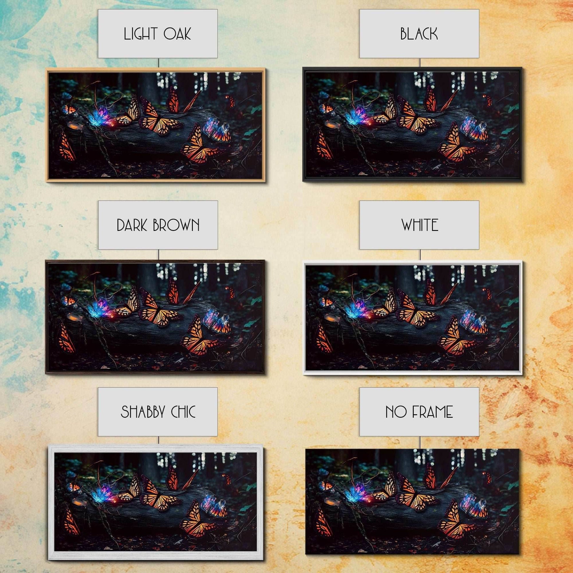 Glowing butterflies, fantasy forest wall art, framed canvas print, mother's day, mom gift, monarch butterflies - 10x20 Inches / Gallery Wrap Canvas - Ready To Hang