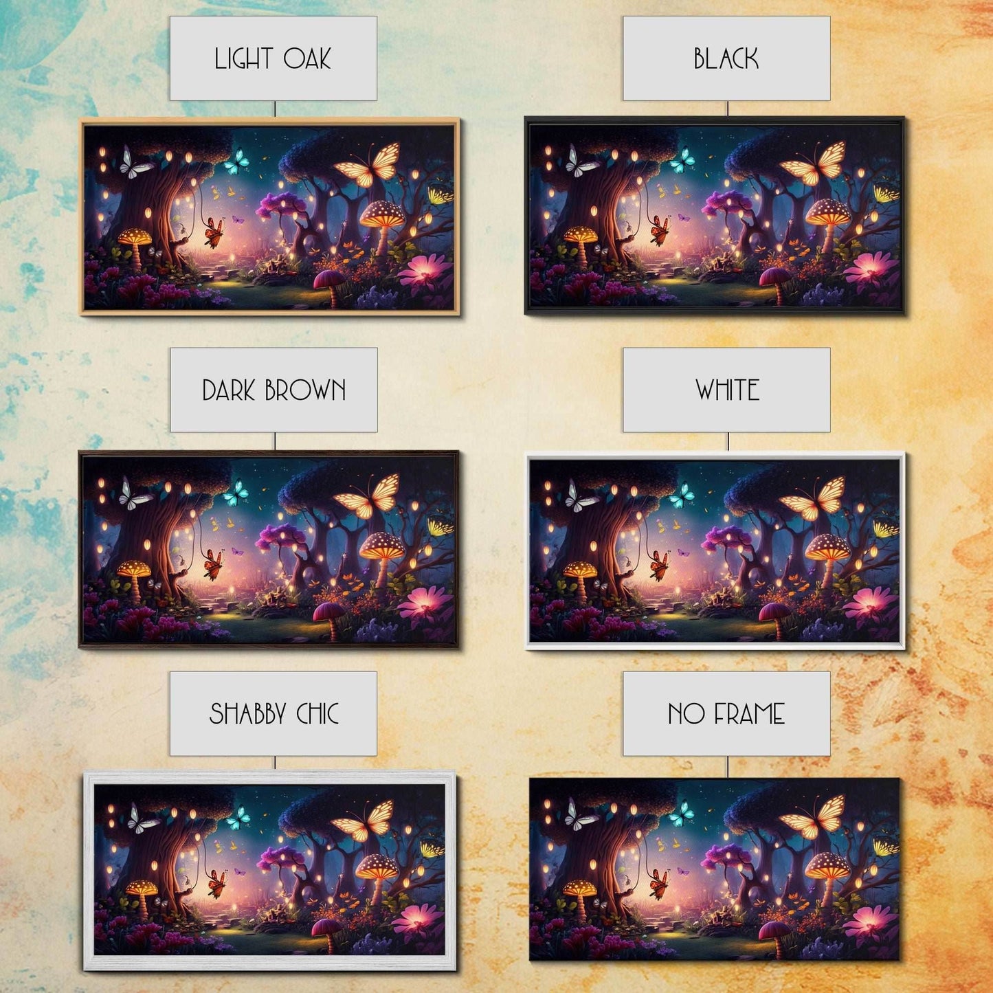 Vibrant Fantasy Forest Wall Art, The Forest Floor, Bioluminescent Glowing Butterflies, Gift, Framed Canvas Print - 10x20 Inches / Gallery Wrap Canvas - Ready To Hang