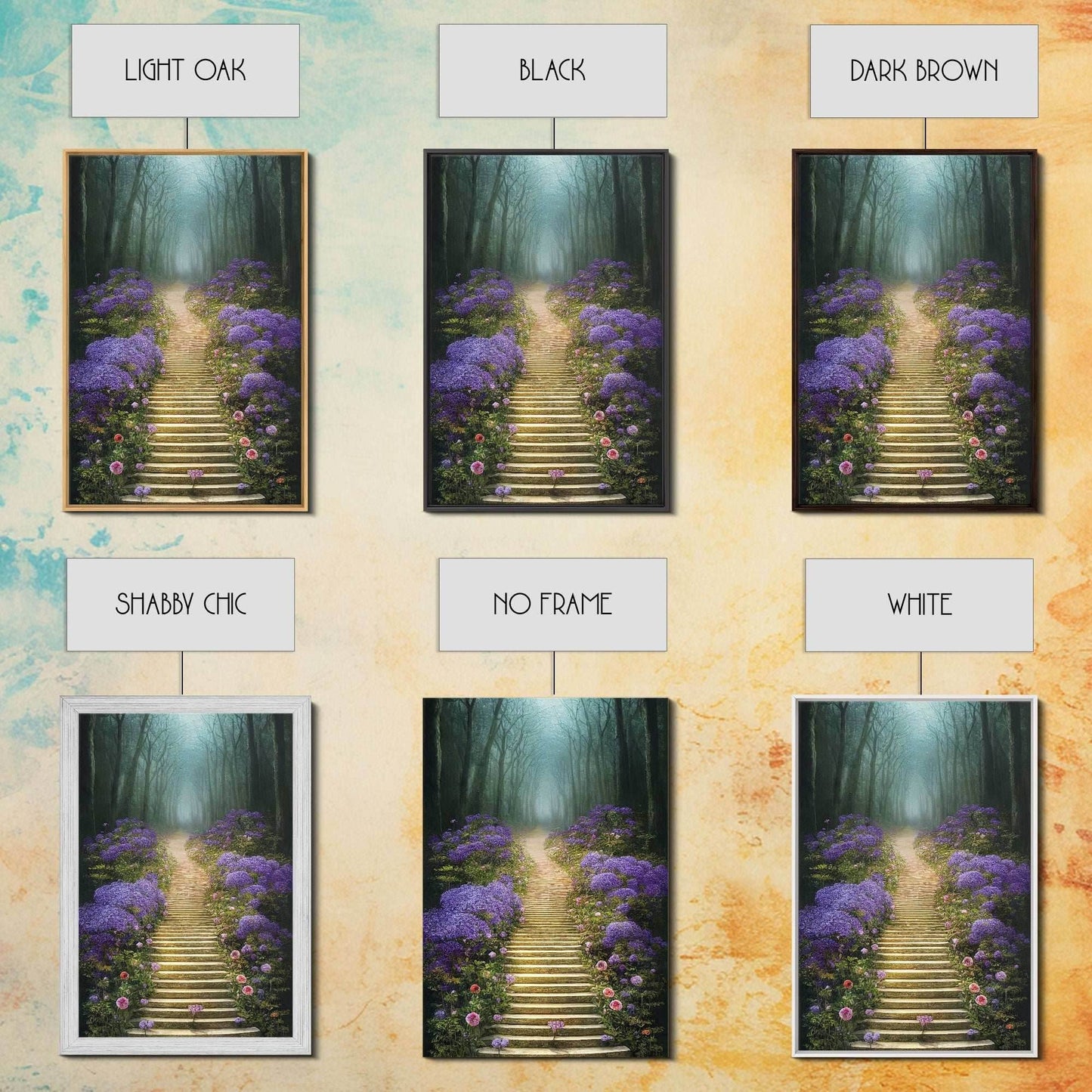 Lavender Lined Stairs Leading To The Haunted Forest, Fantasy Wall Art, framed canvas print, framed art - 8x12 Inches / Gallery Wrap Canvas - Ready To Hang