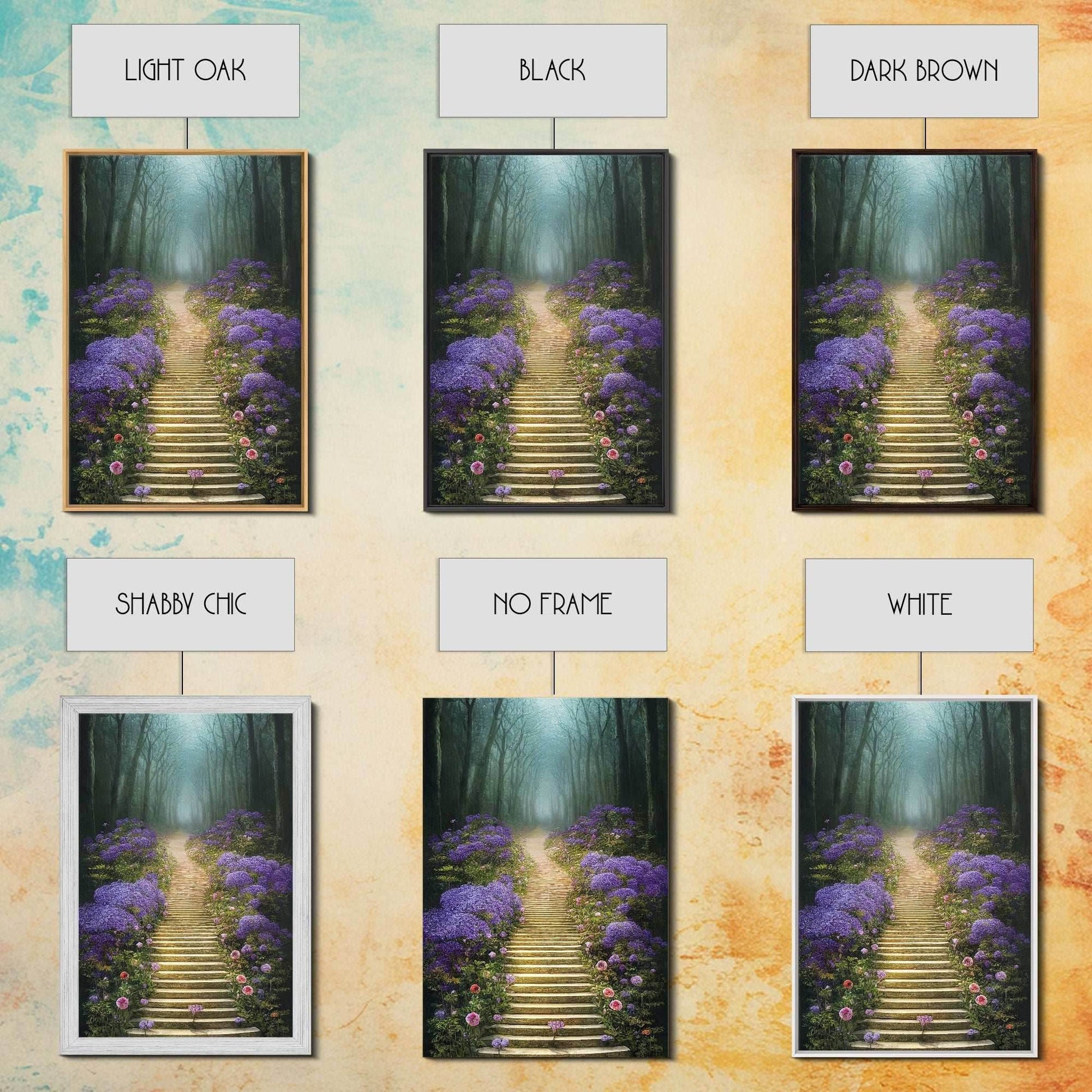 Lavender Lined Stairs Leading To The Haunted Forest, Fantasy Wall Art, framed canvas print, framed art - 8x12 Inches / Gallery Wrap Canvas - Ready To Hang