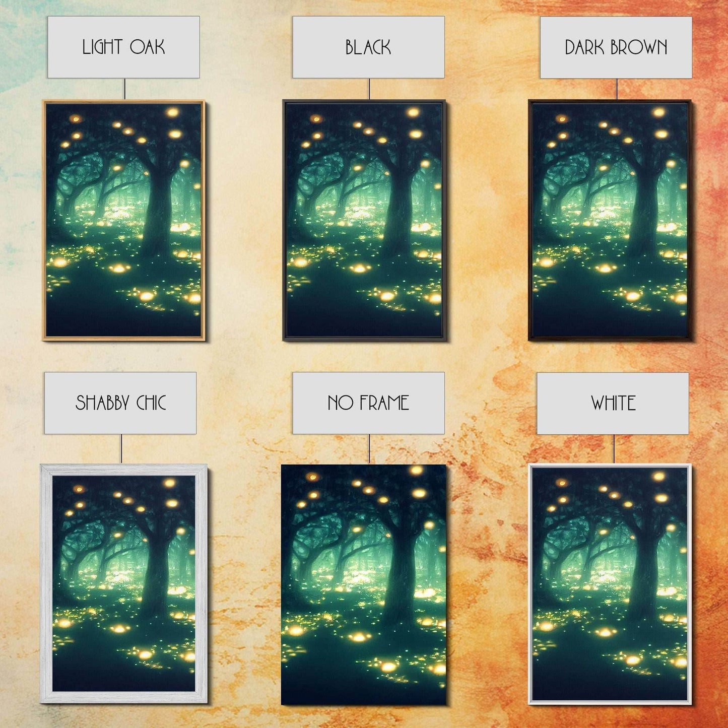 Fantasy forest wall decor, ready to hang 3 piece canvas print, 3 piece wall art, firefly wall art, Fireflies In A Fairy Forest at Night - 8x12 In. - 3 Pieces / Stretched Canvas