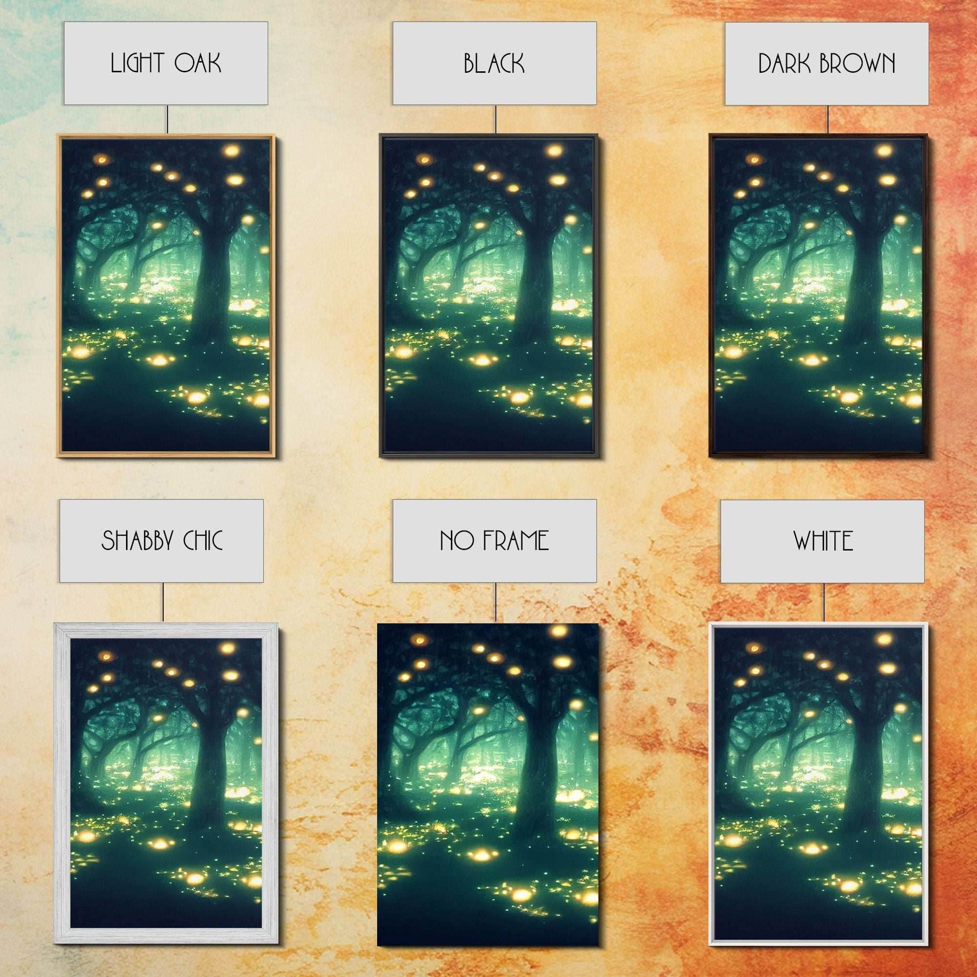 Fantasy forest wall decor, ready to hang 3 piece canvas print, 3 piece wall art, firefly wall art, Fireflies In A Fairy Forest at Night - 8x12 In. - 3 Pieces / Stretched Canvas
