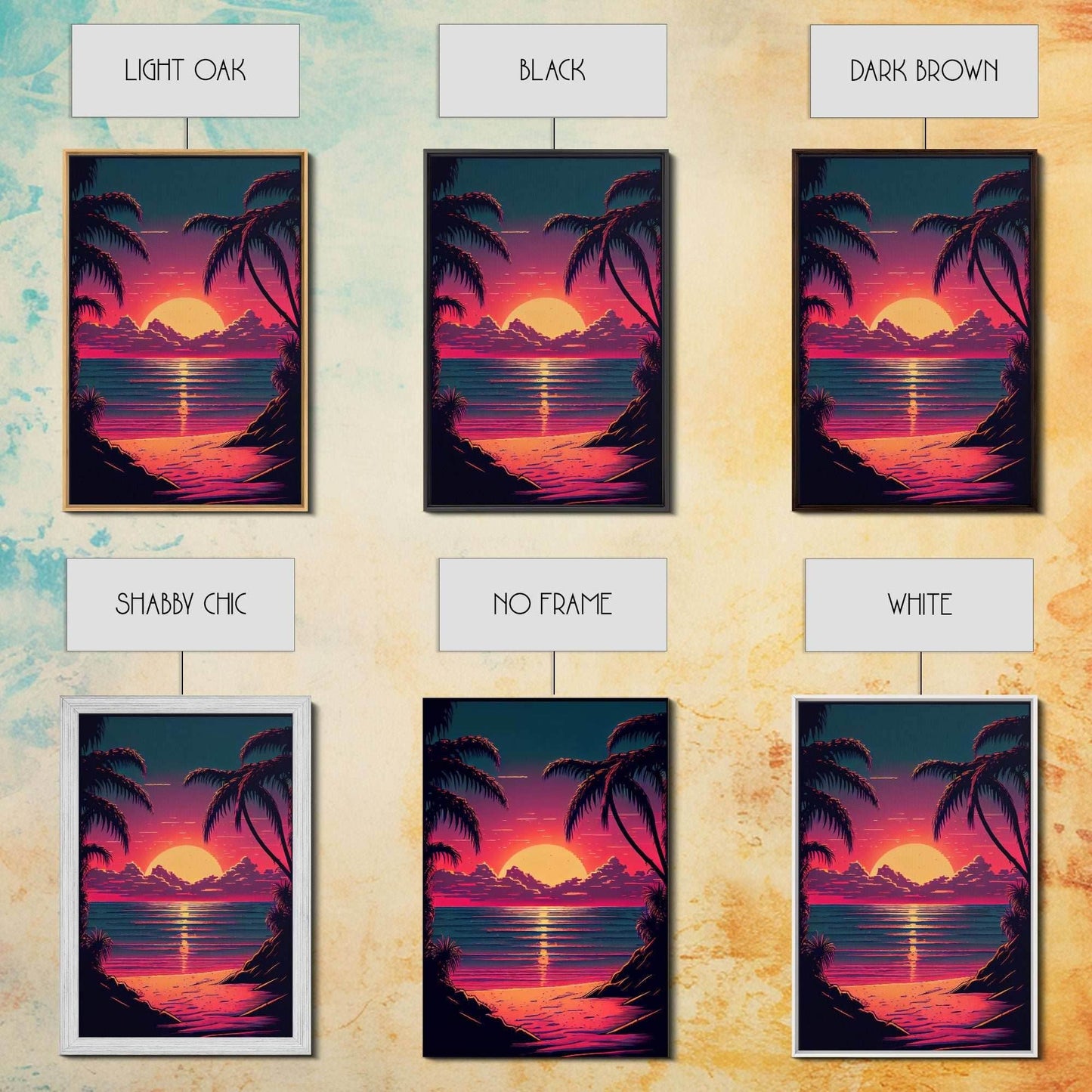 8 bit pixel art sunset, synthwave style palm tree beach, framed canvas print, framed wall art painting - 8x12 Inches / Gallery Wrap Canvas - Ready To Hang