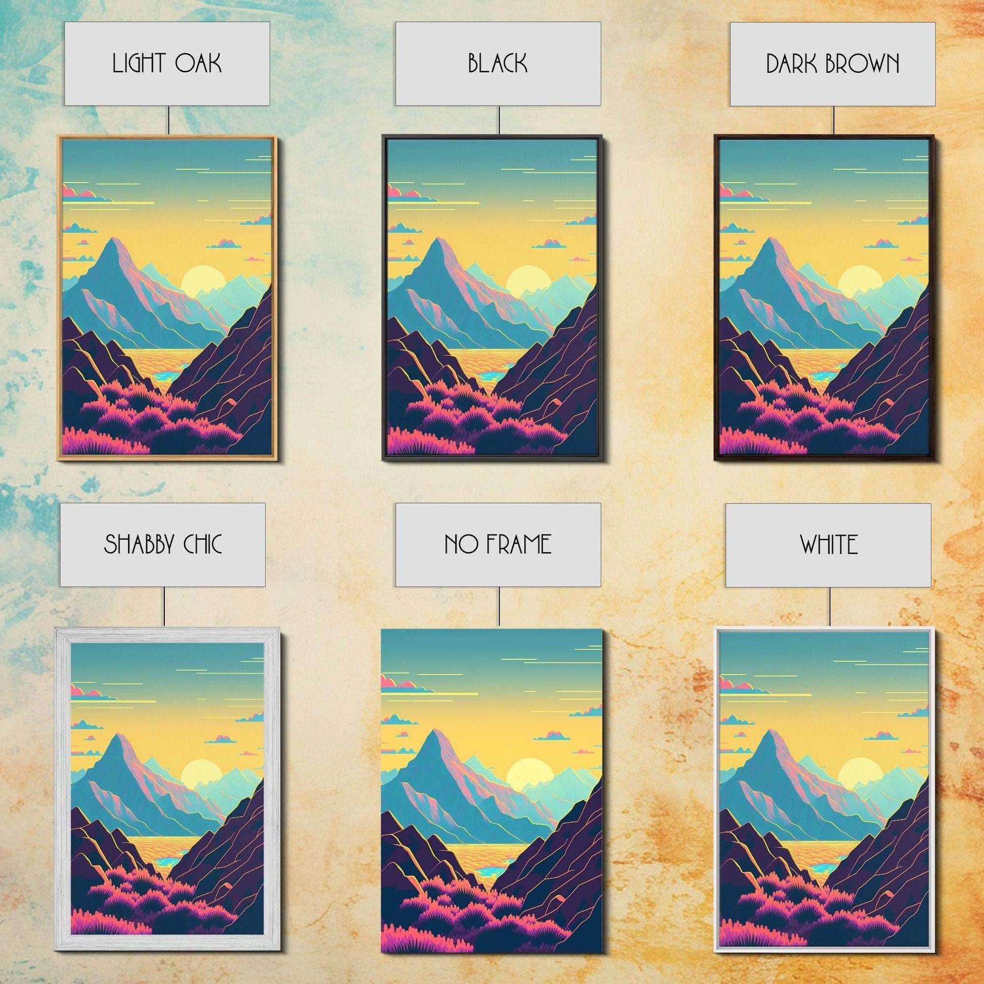 Peach Sunset, Fantasy Mountain Landscape Art, Framed Canvas Print, Minimalist Art Deco Inspired Wall Art - 8x12 Inches / Gallery Wrap Canvas - Ready To Hang