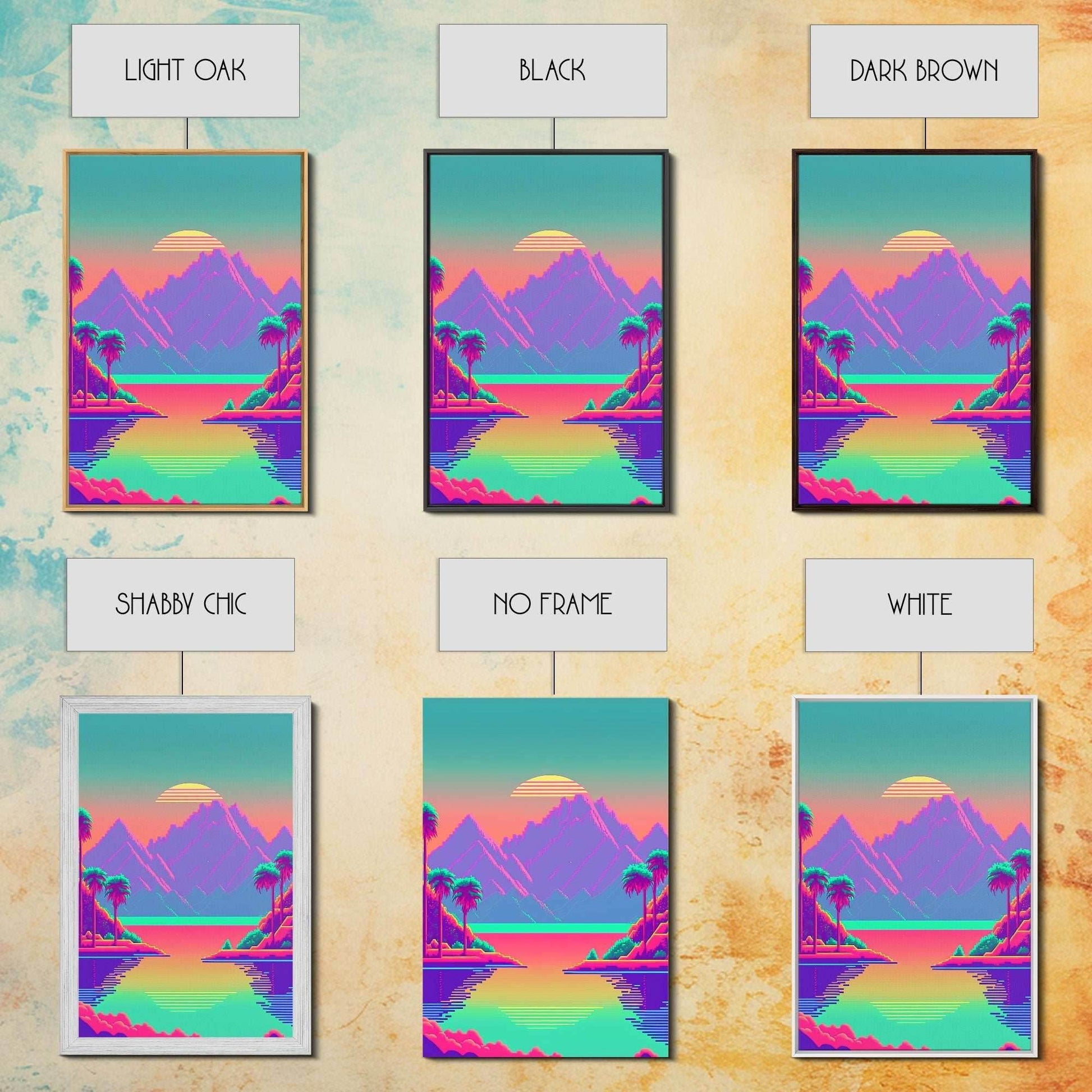 Retro Vaporwave Aesthetic Pixel Art Sunset, Turquoise and Pink Fantasy Landscape Art, Gamer Decor, Game Room Art - 8x12 Inches / Gallery Wrap Canvas - Ready To Hang