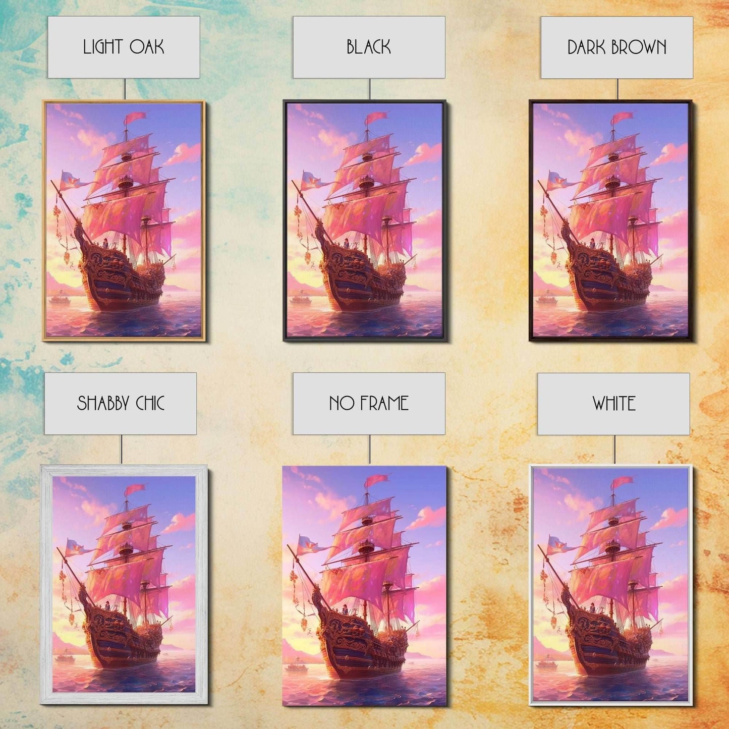 Gothic Pirate Ship at Sunset, Framed Canvas Print, Fantasy Wall Art, Wall Decor, Pirate Wal Art, Gift For Him, Kid's Room Art - 8x12 Inches / Gallery Wrap Canvas - Ready To Hang