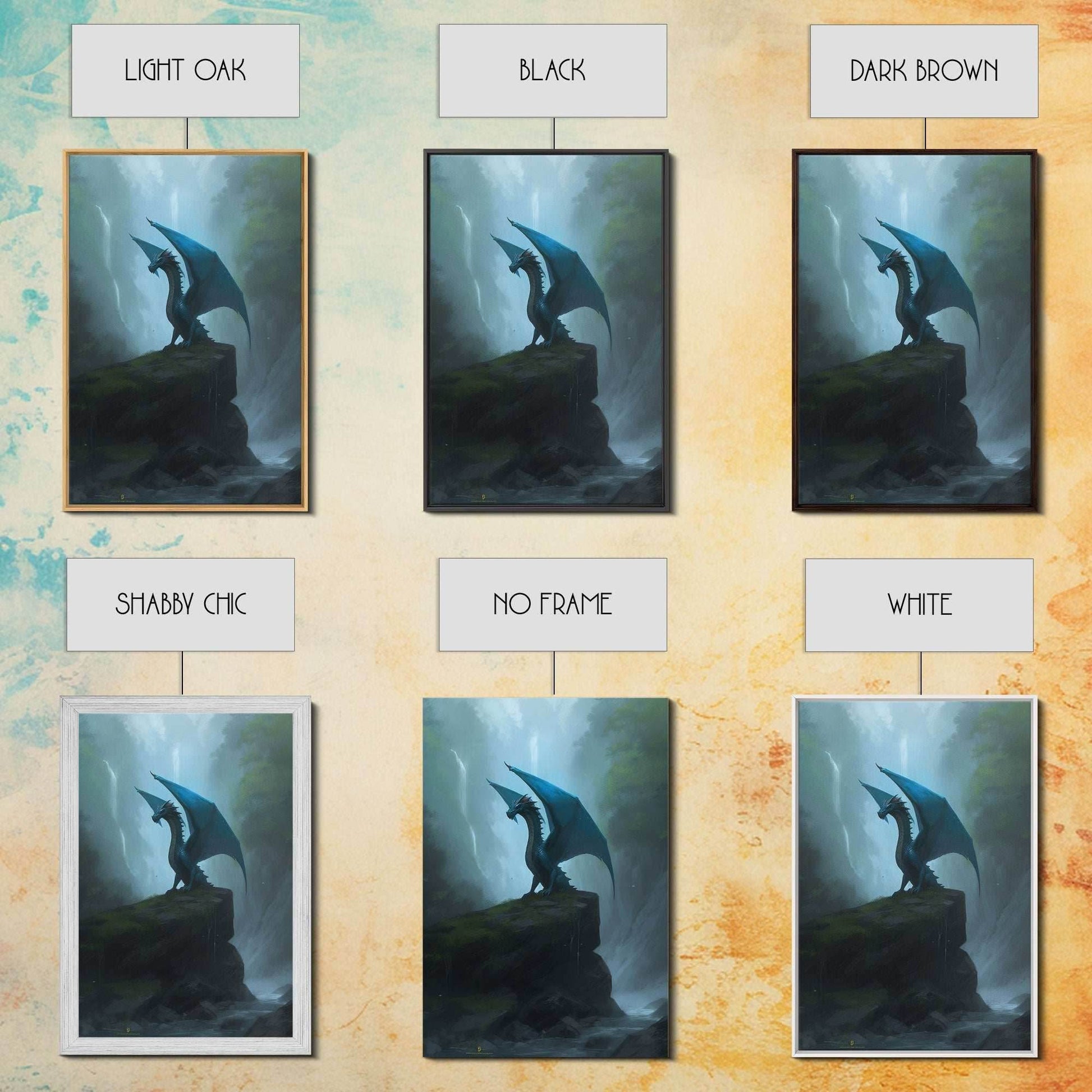 Majestic Forest Dragon Wall Art, Framed Canvas Print, Dragon Fantasy Painting, Forest Dragon Behind Secret Waterfalls Abstract Fantasy Art - 8x12 Inches / Gallery Wrap Canvas - Ready To Hang