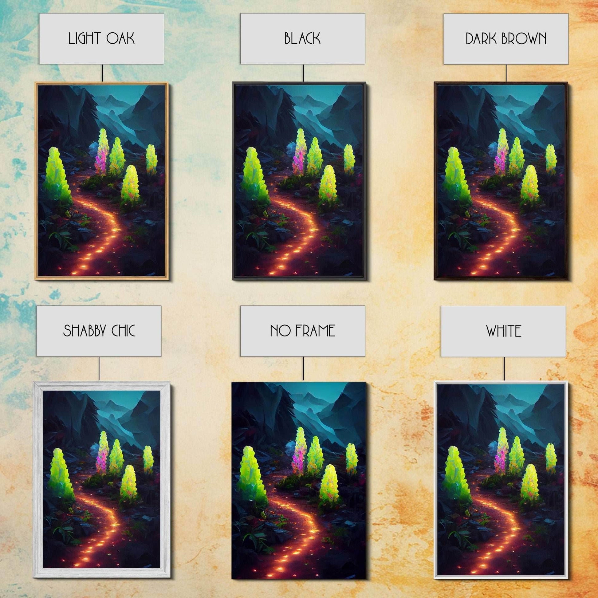 Magical forest canvas print, glowing mushroom art, fantasy forest wall art, gloomy dark home decor, luminescent forest trail wall art - 8x12 Inches / Gallery Wrap Canvas - Ready To Hang