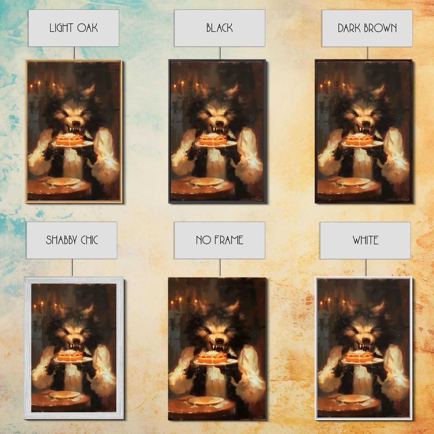 Halloween Werewolf Eating Hotdog, Framed Canvas Print, Wall Art, Spooky Artwork, Fantasy Decor, Halloween Decor, Whimsical Funny Halloween - 8x12 Inches / Gallery Wrap Canvas - Ready To Hang