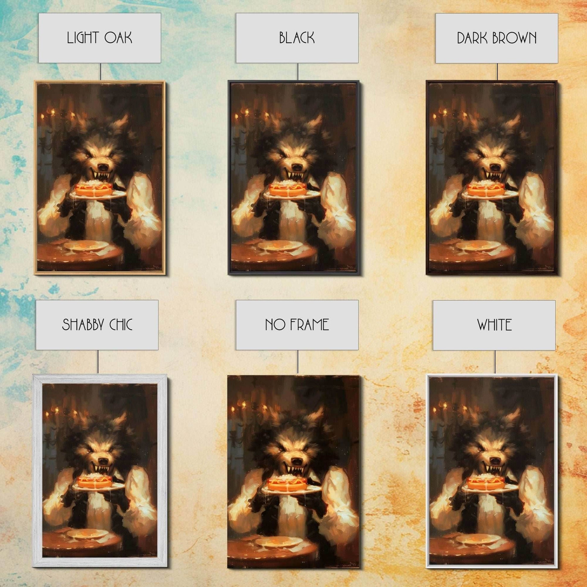 Halloween Werewolf Eating Hotdog, Framed Canvas Print, Wall Art, Spooky Artwork, Fantasy Decor, Halloween Decor, Whimsical Funny Halloween - 8x12 Inches / Gallery Wrap Canvas - Ready To Hang