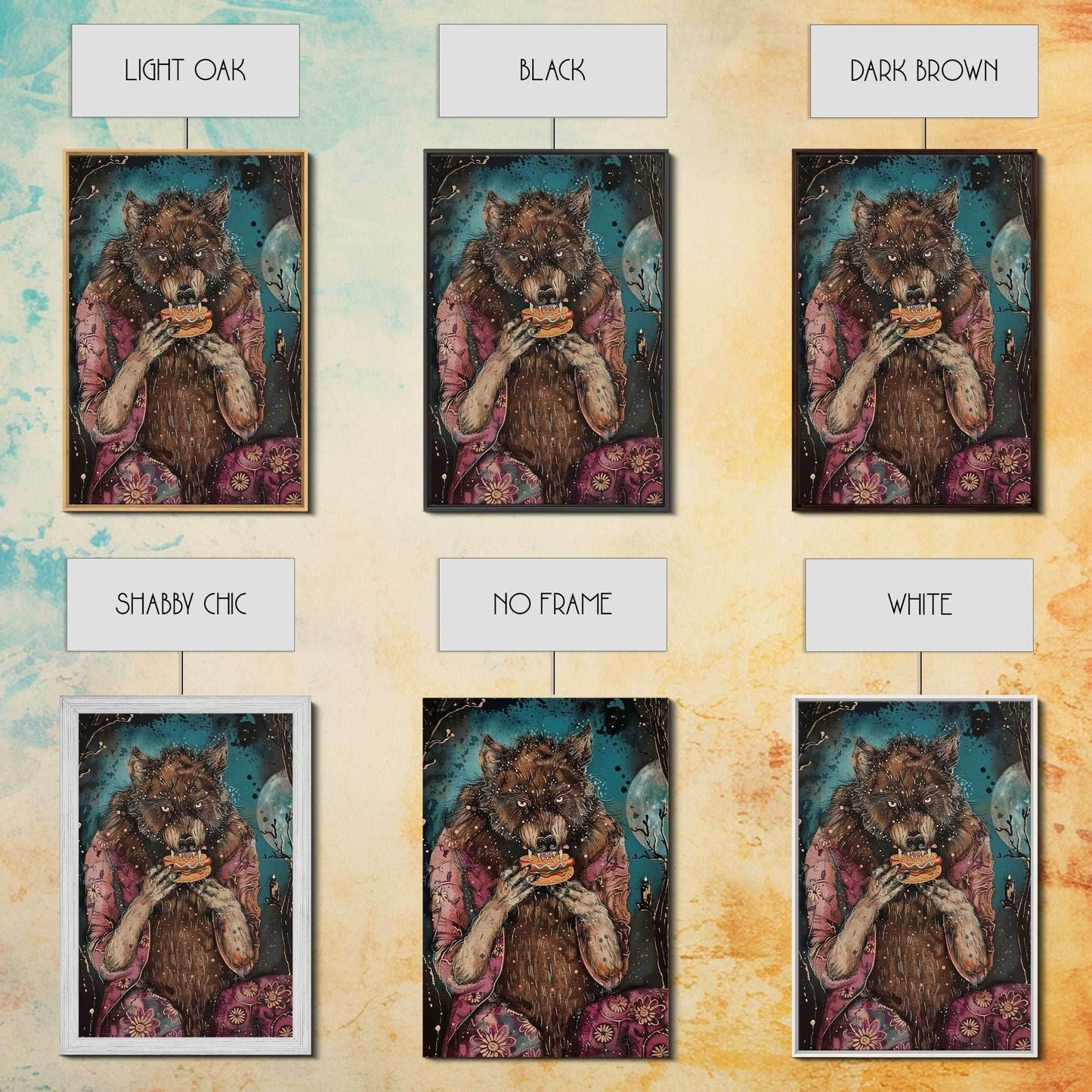 Halloween Werewolf Enjoying Hotdog, Framed Canvas Print, Wall Art, Home Decor, Spooky Artwork, Fantasy Decor, Halloween Decor, Holiday Gift - 8x12 Inches / Gallery Wrap Canvas - Ready To Hang