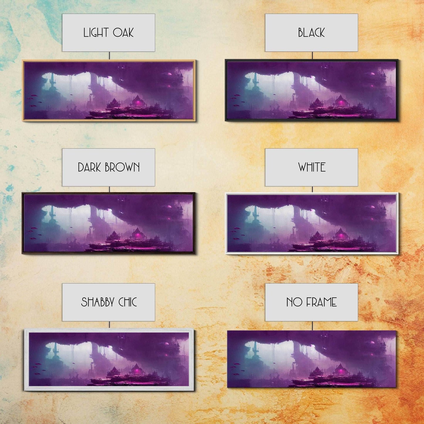 Panoramic Fantasy Underwater City, Purple Art, Extra Large Wall Art, Framed Panoramic Canvas Print, Framed Wall Decor - 10x30 Inches / Gallery Wrap Canvas - Ready To Hang