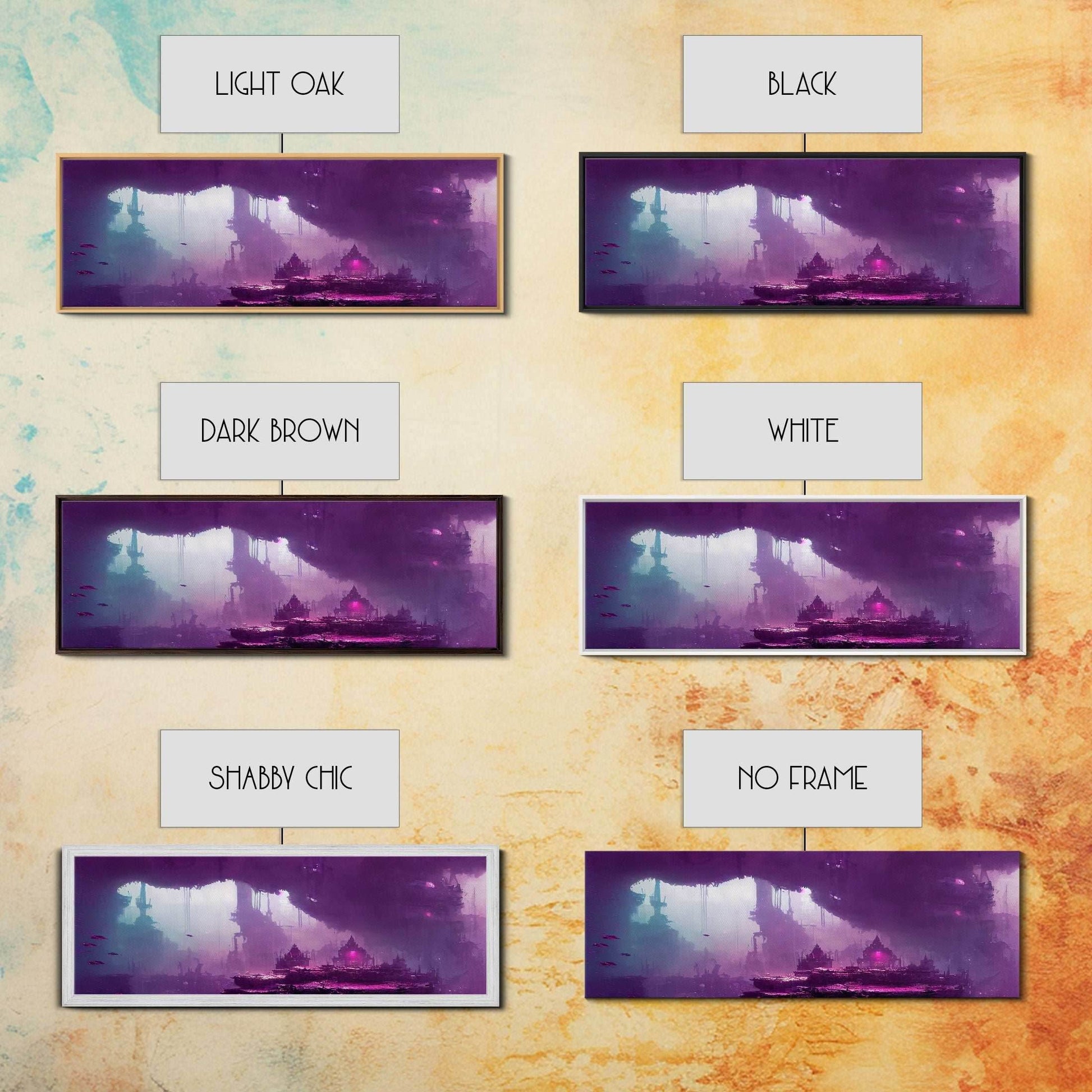 Panoramic Fantasy Underwater City, Purple Art, Extra Large Wall Art, Framed Panoramic Canvas Print, Framed Wall Decor - 10x30 Inches / Gallery Wrap Canvas - Ready To Hang