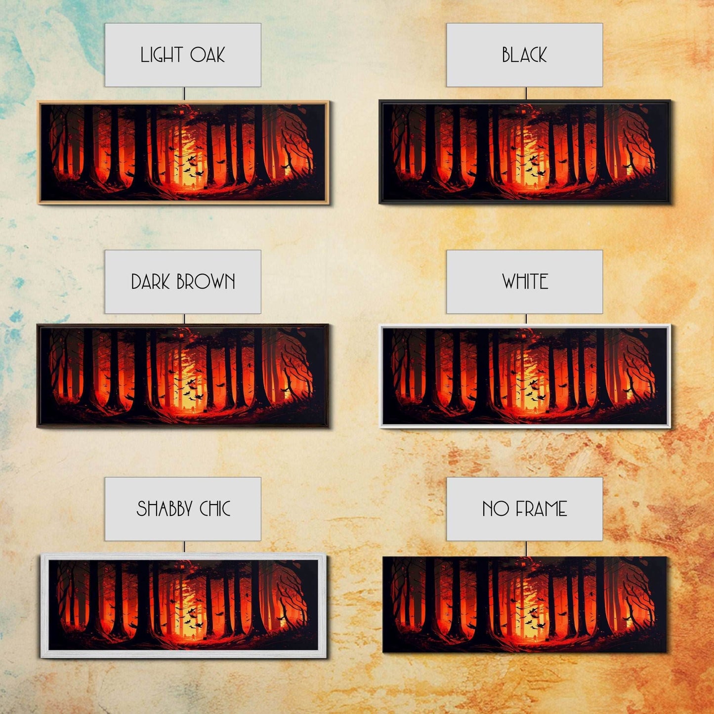 Forest Landscape Art, Forest Fire, Fall / Autumn Decor, Panoramic Wall Art, Framed Canvas Print, Orange and Yellow Fantasy Forest - 10x30 Inches / Gallery Wrap Canvas - Ready To Hang