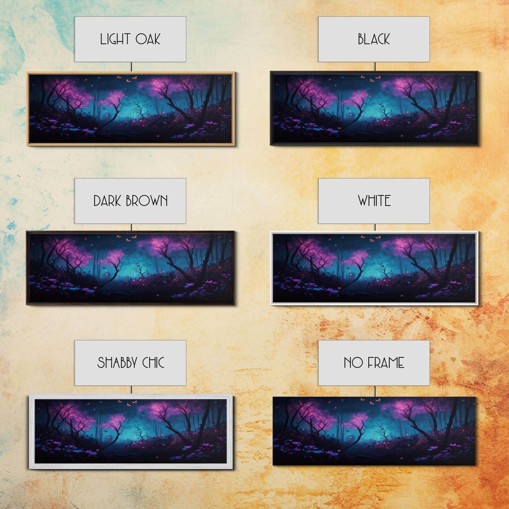 Beautiful Fantasy Forest, Framed Canvas Print, Fantasy Art, Butterflies and Fireflies Light up a Fairy Forest At Night, Framed Wall Art - 10x30 Inches / Gallery Wrap Canvas - Ready To Hang