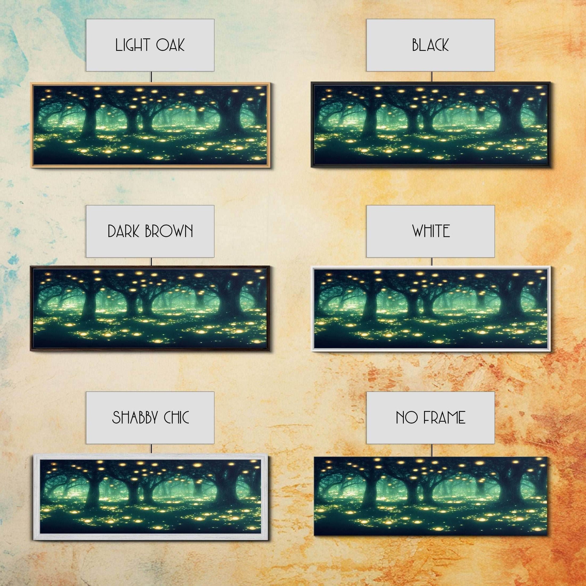 Fantasy Forest At Night With Fireflies, Extra Large Wall Art, Framed Panoramic Canvas Print, Framed Wall Art - 10x30 Inches / Gallery Wrap Canvas - Ready To Hang