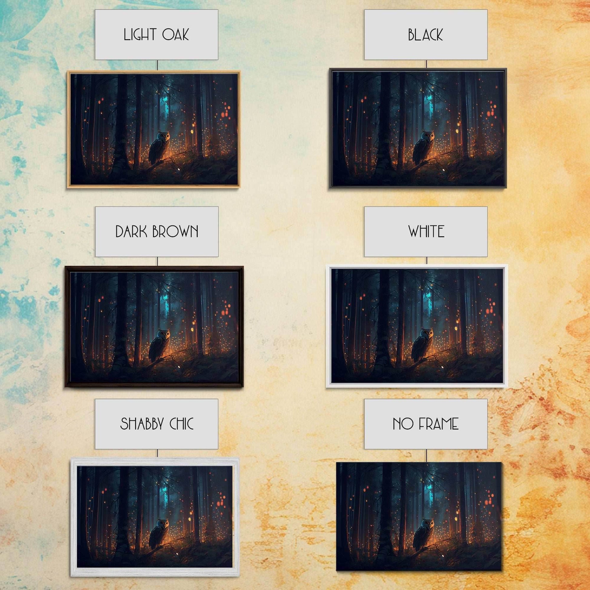 Fantasy forest art, Fireflies and the owl at midnight, framed canvas art, framed canvas print - 8x12 Inches / Gallery Wrap Canvas - Ready To Hang