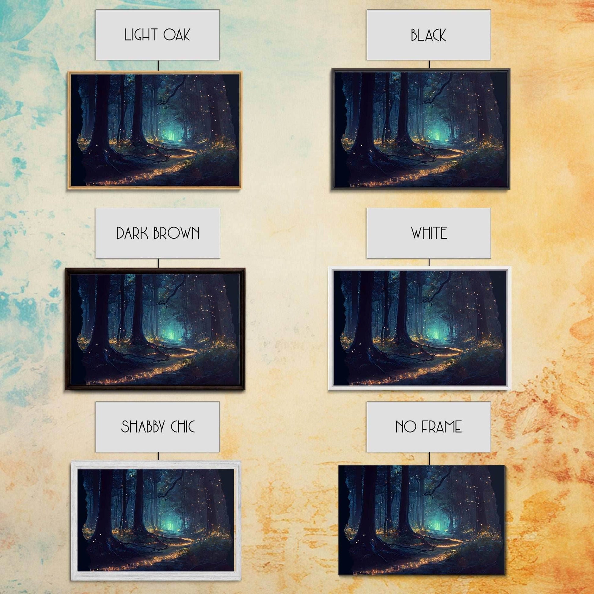 The magical enchanted forest is lit brightly with fireflies at night, framed canvas print, fantasy art - 8x12 Inches / Gallery Wrap Canvas - Ready To Hang