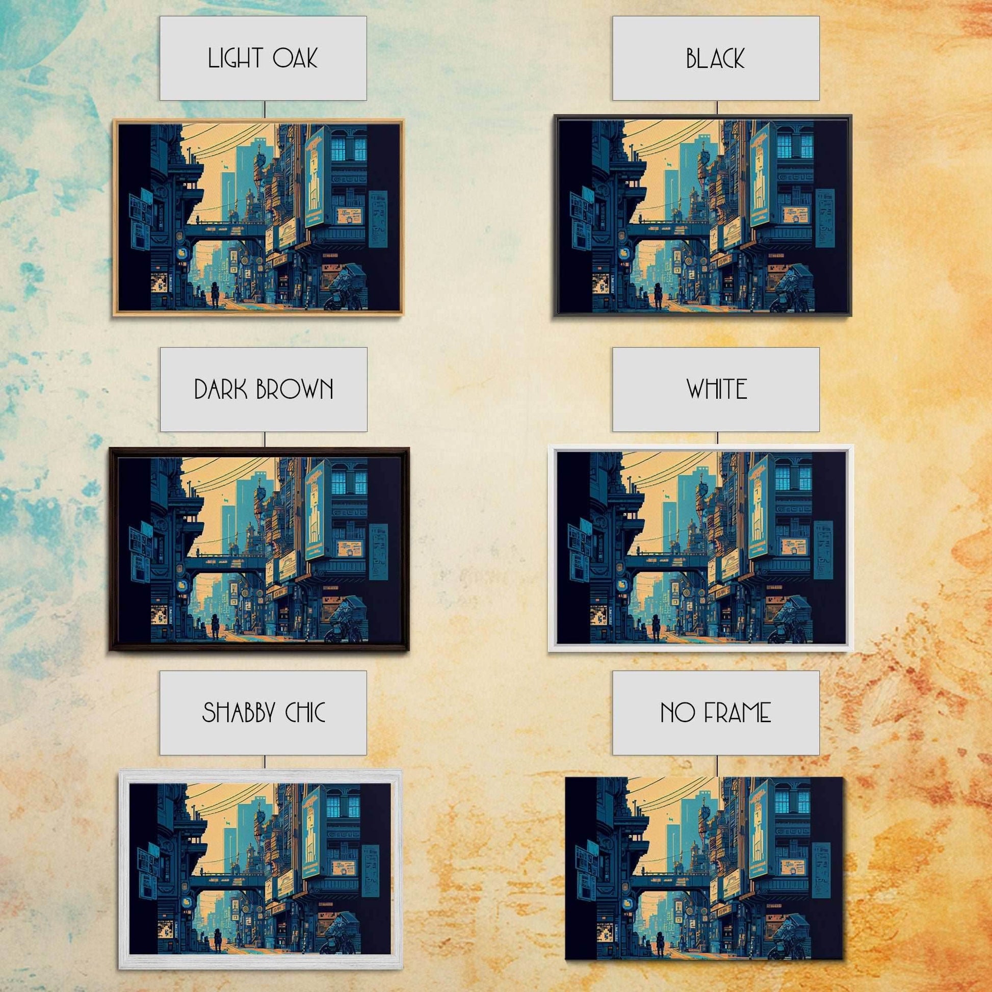 8 bit pixel art cyber punk city, video game concept art, framed canvas print, game room art - 8x12 Inches / Gallery Wrap Canvas - Ready To Hang