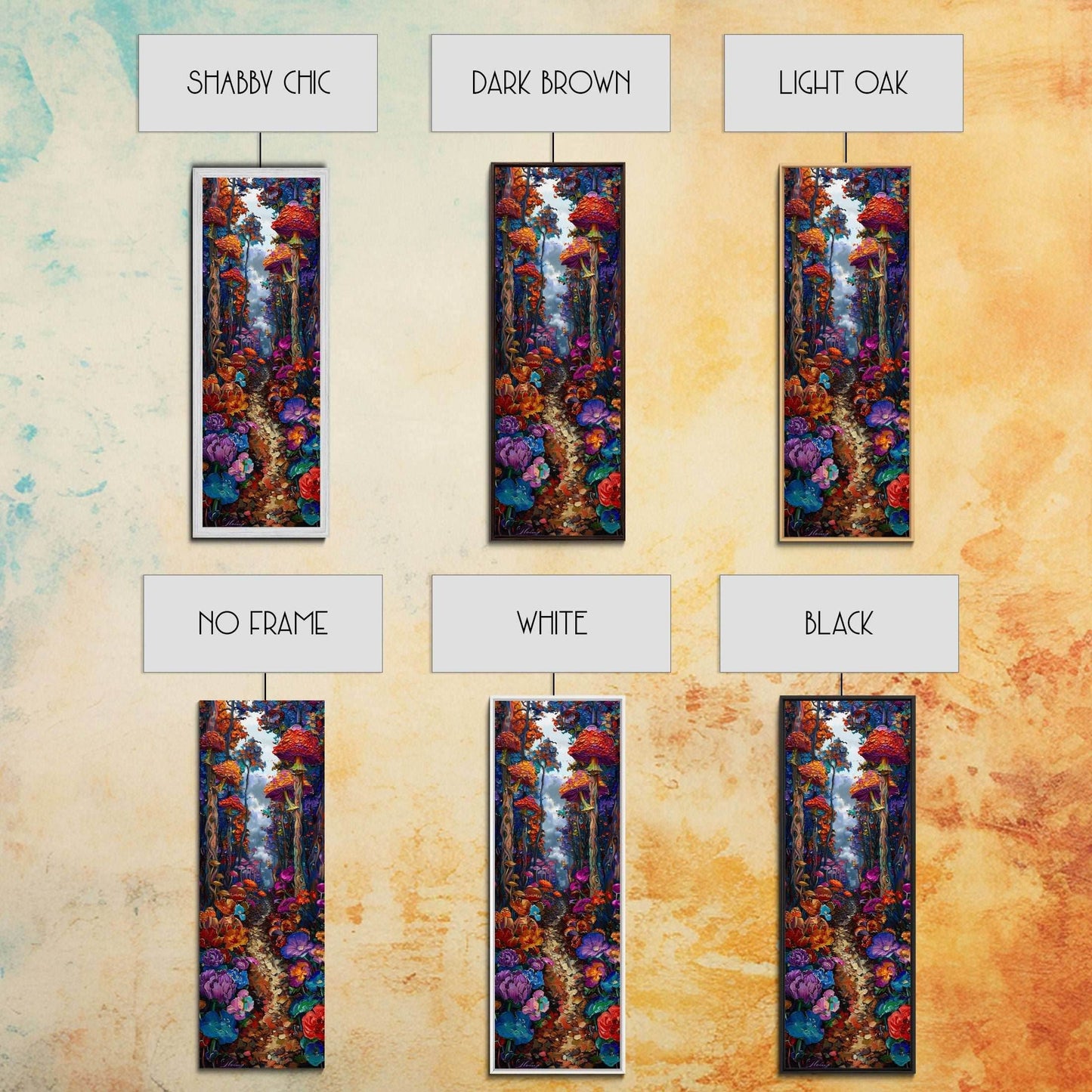 Fantasy Forest Pathway with Giant Mushrooms as Tall Skinny Art Framed Canvas Print for Whimsical Wall Decor in Unique Spaces - 10x30 Inches / Gallery Wrap Canvas - Ready To Hang