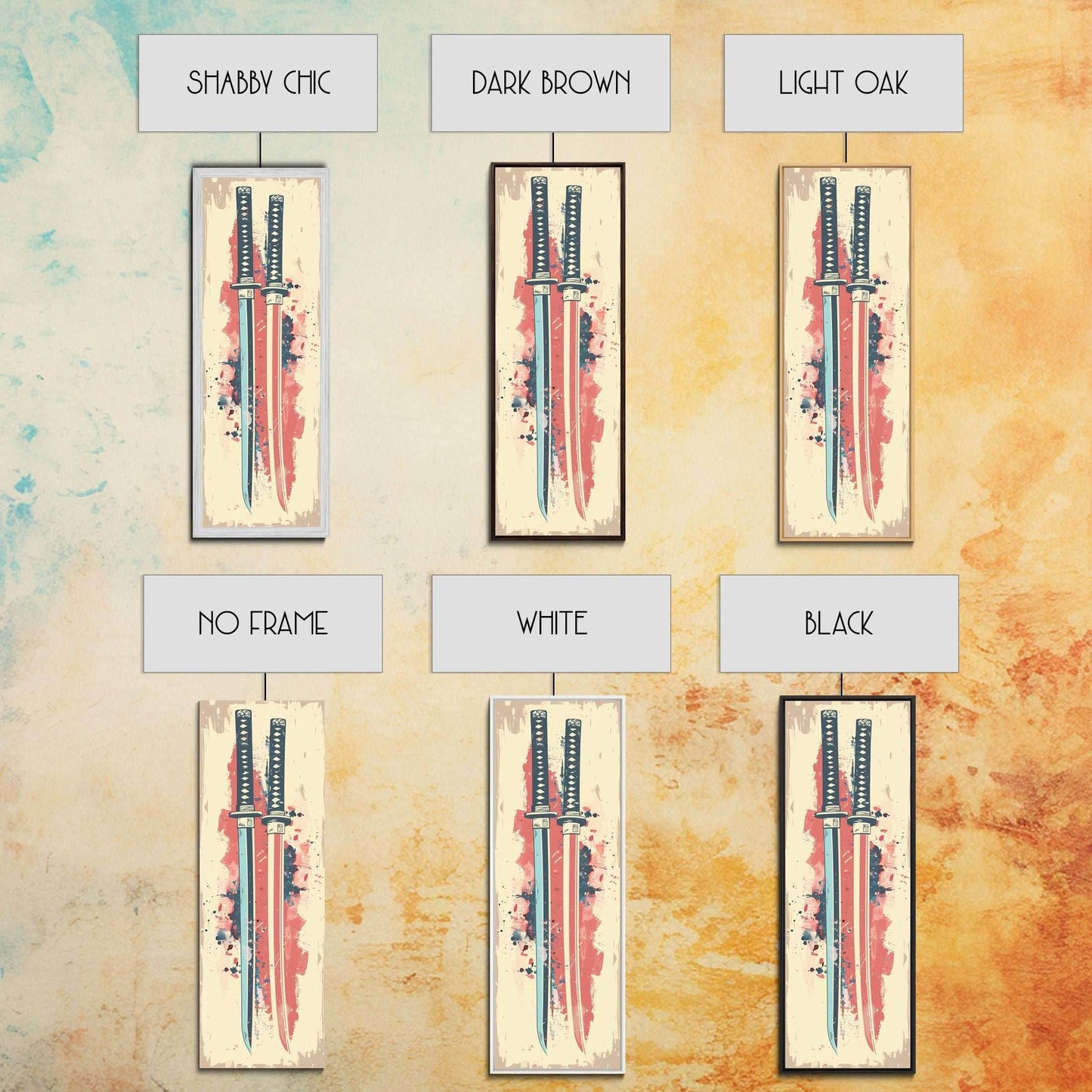 Abstract Samurai Swords Framed Canvas Print Ukiyo-e Art Japanese Style Tall Art Skinny Art Wood Block Print - 10x30 Inches / Gallery Wrap Canvas - Ready To Hang