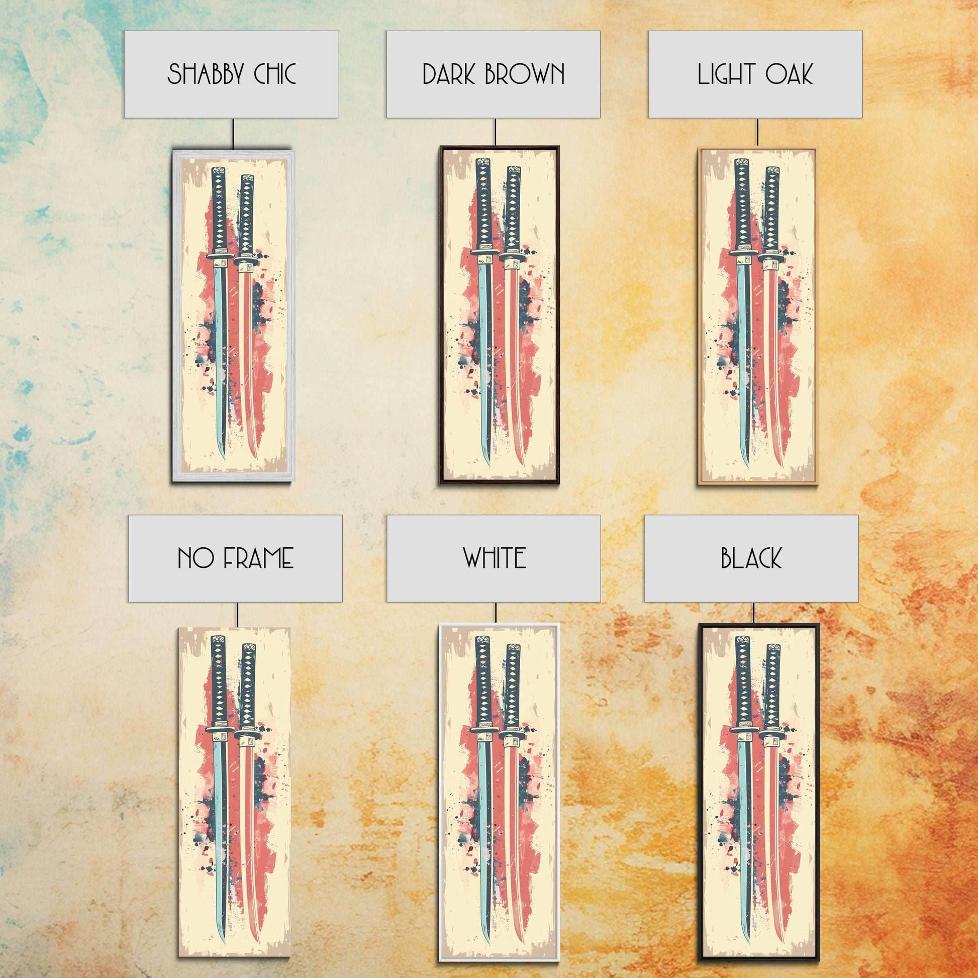 Abstract Samurai Swords Framed Canvas Print Ukiyo-e Art Japanese Style Tall Art Skinny Art Wood Block Print - 10x30 Inches / Gallery Wrap Canvas - Ready To Hang