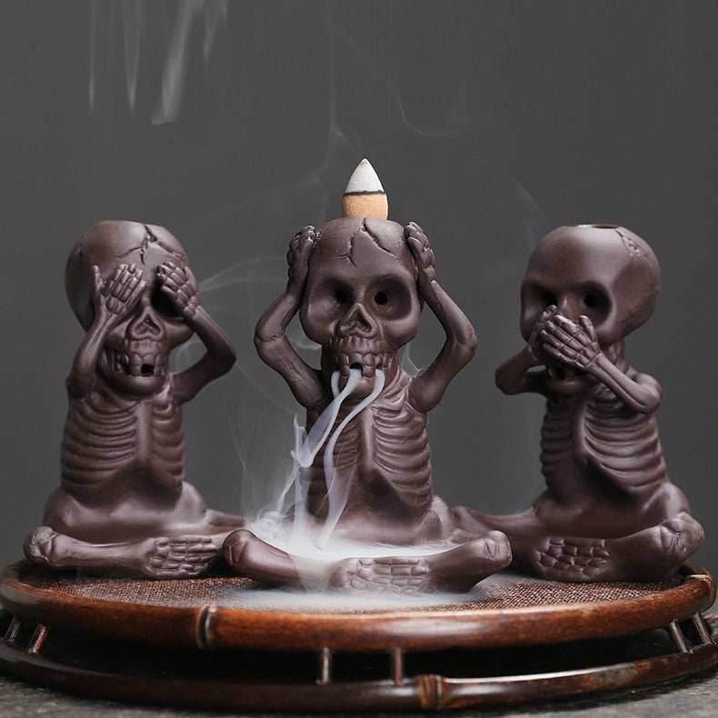 Halloween Skeleton Ceramic Backflow Incense Burner Holder - Eyes Covered