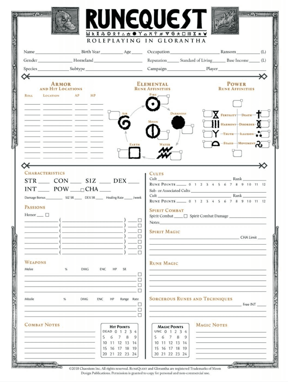 Rune Quest Non Human Character sheet by Chaosium - 