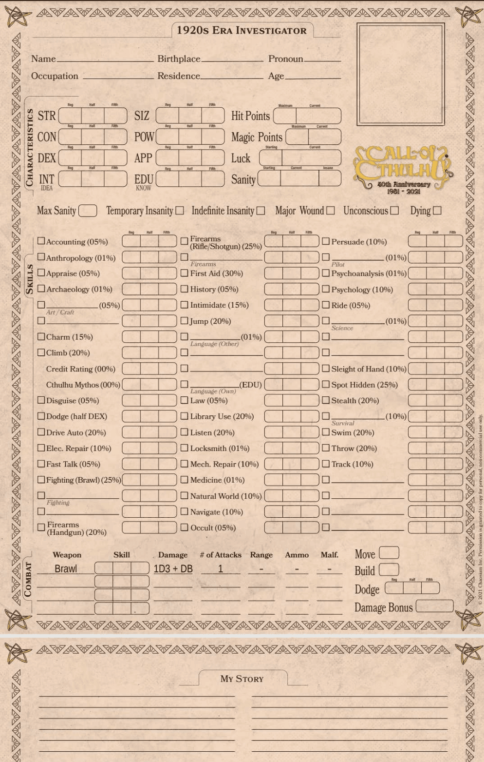 1920s - Standard Cthulhu Characters sheets by Chaosium - 