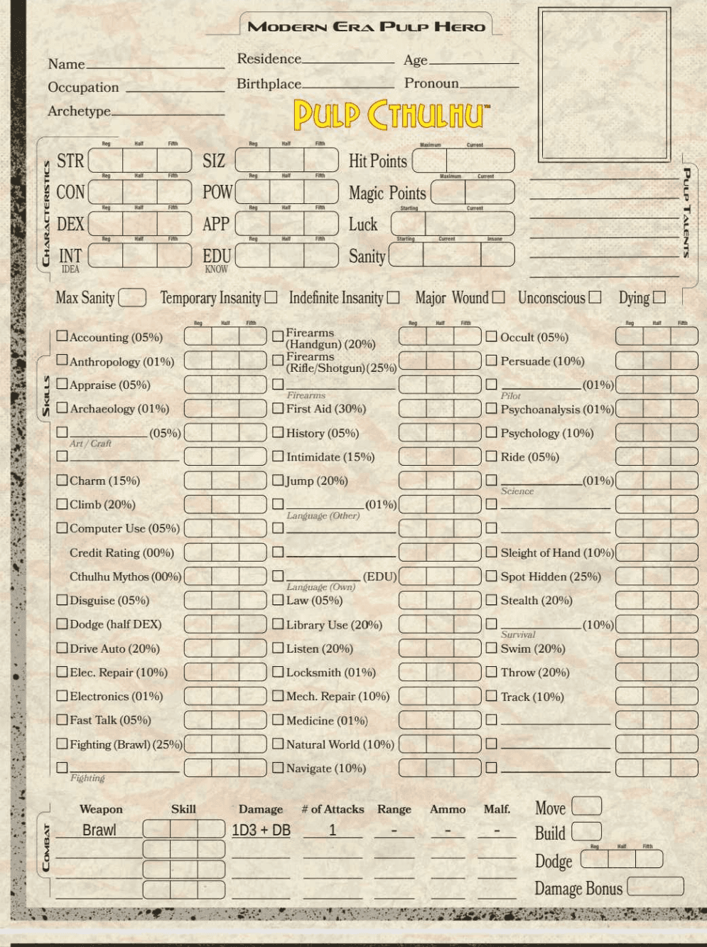 Modern - Standard and Pulp Cthulhu Character sheets by Chaosium - 