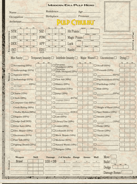 Modern - Standard and Pulp Cthulhu Character sheets by Chaosium - 