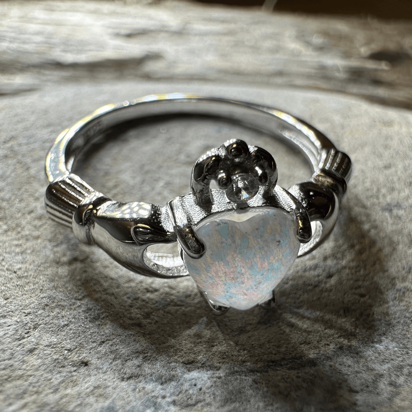 White Fire Opal Claddagh Ring - 4