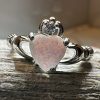 White Fire Opal Claddagh Ring