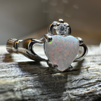 White Fire Opal Claddagh Ring