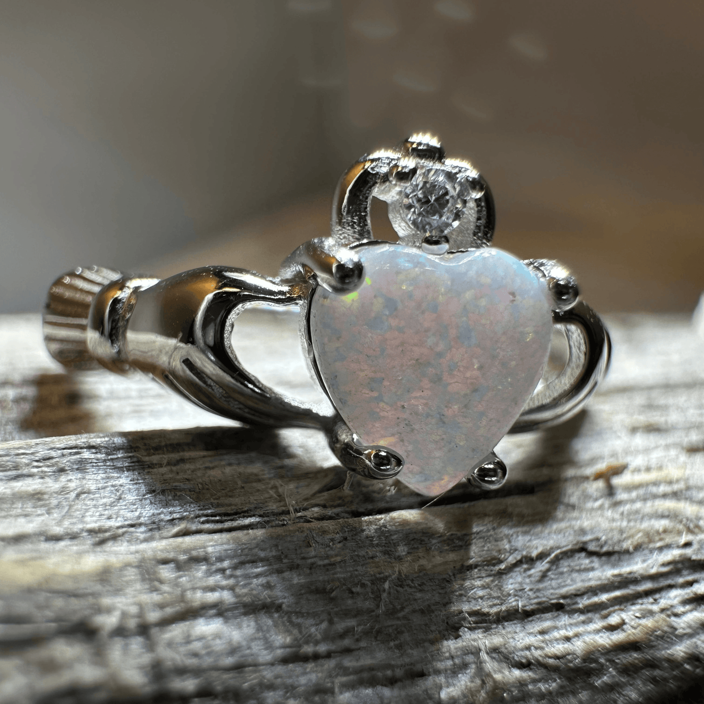 White Fire Opal Claddagh Ring - 4