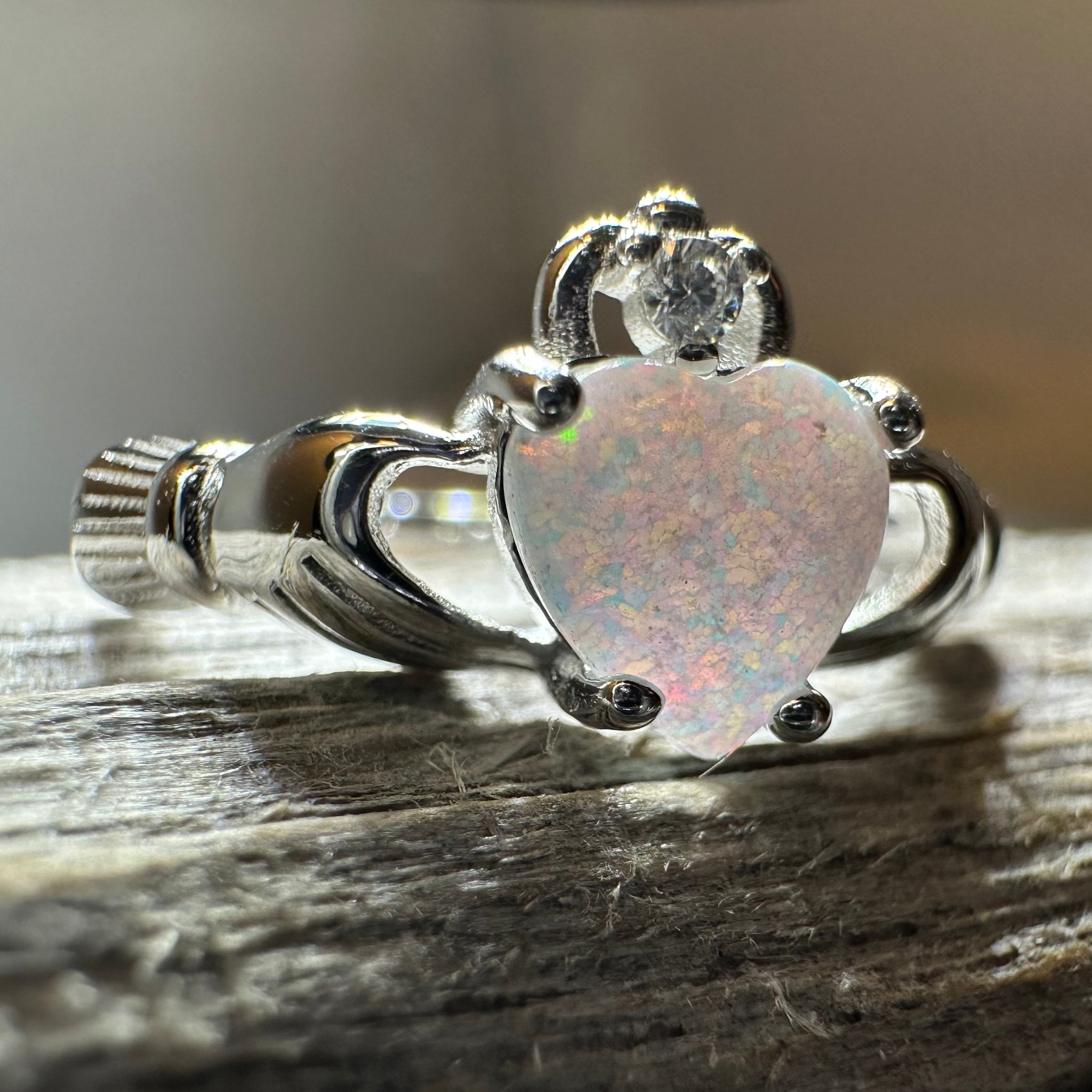 White Fire Opal Claddagh Ring