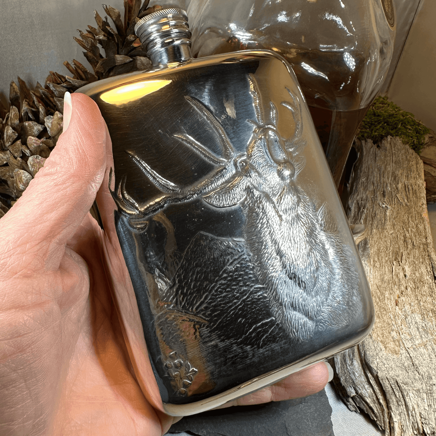 Roaring Stag Pewter Hip Flask - 