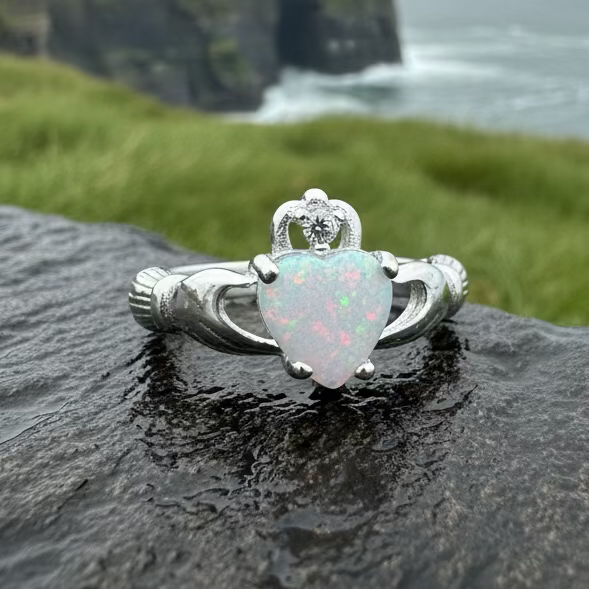 White Fire Opal Claddagh Ring