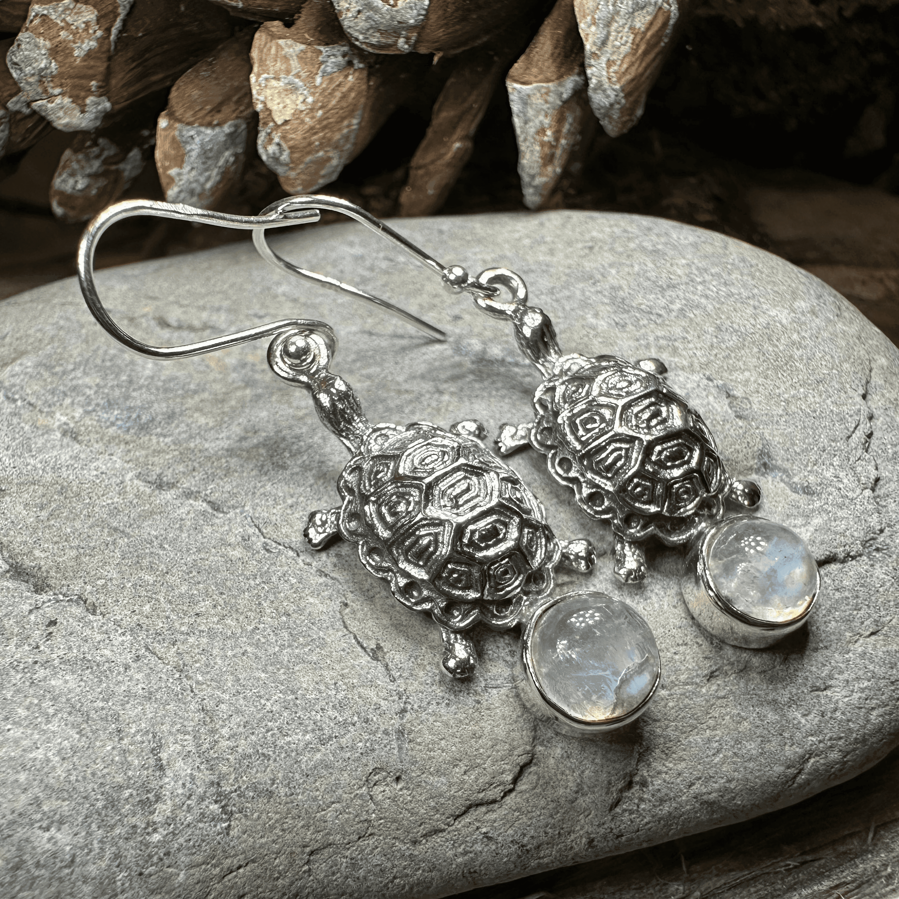 Turtle Moonstone Earrings - Round Stone